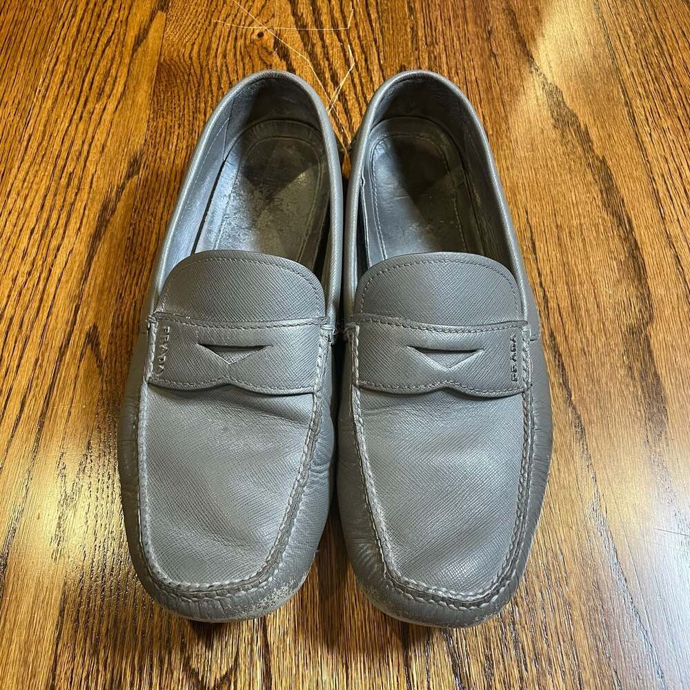 Prada Grey Saffiano Leather Penny Driver Loafers Mens
